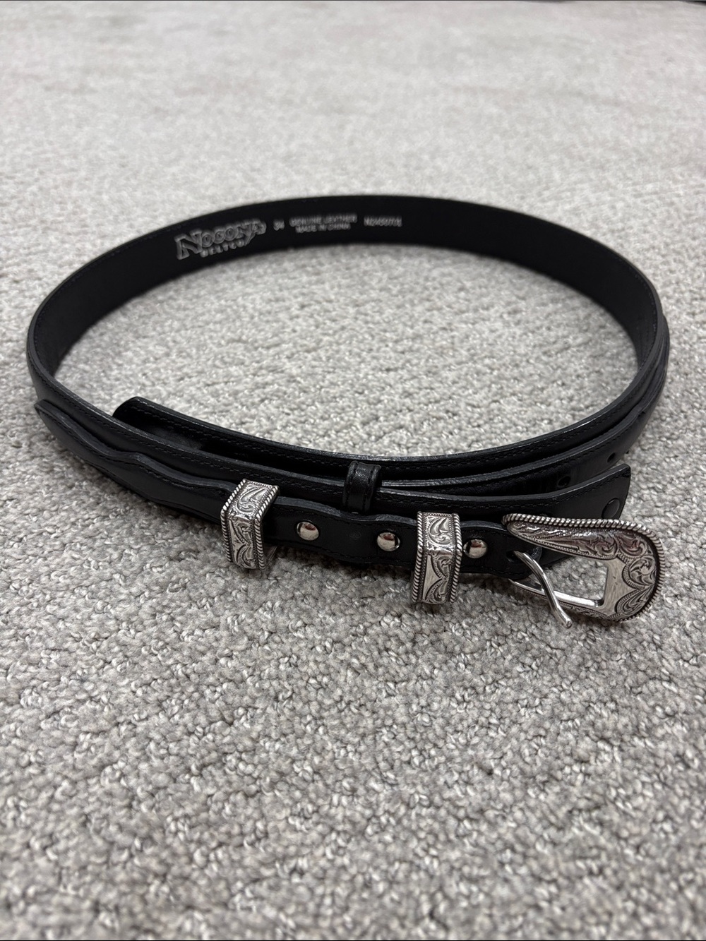 Nocona Black Leather Western Ranger Belt Size 34 Engraved Silver Buckle N2450701